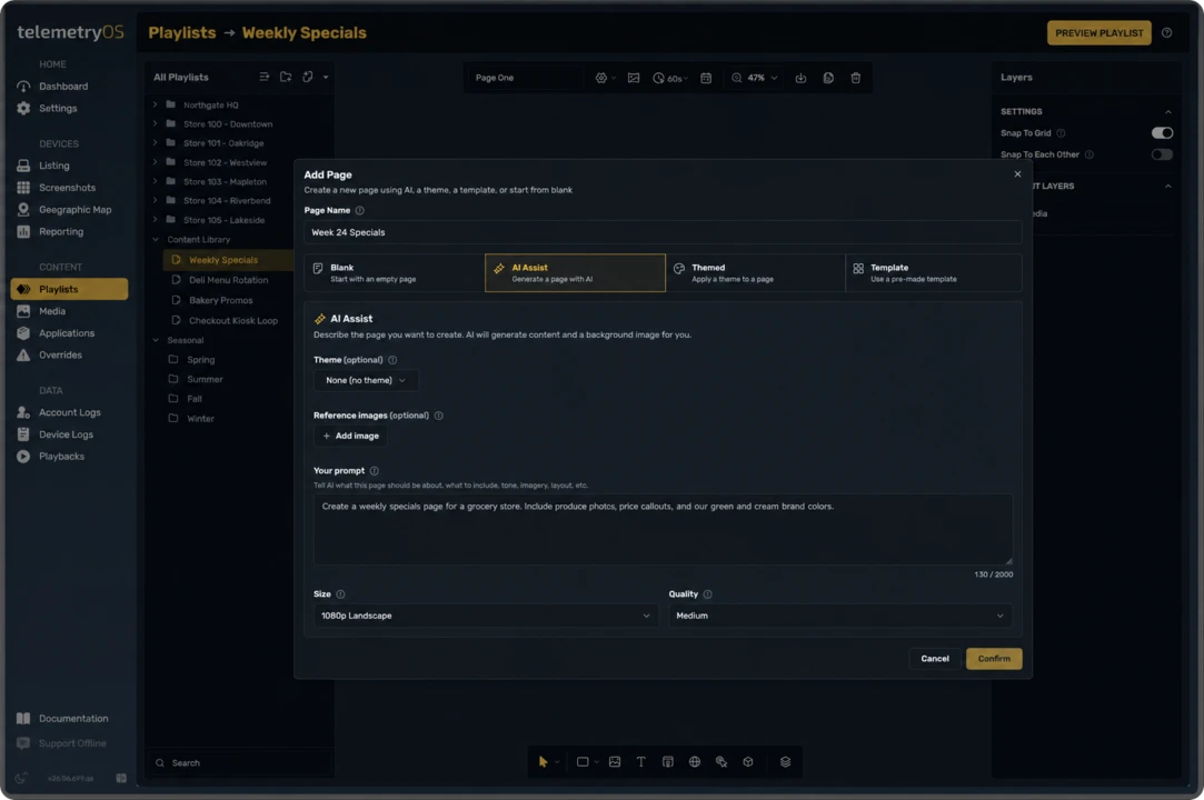 TelemetryOS Studio Add Page dialog with AI Assist selected and a prompt for a weekly-specials layout