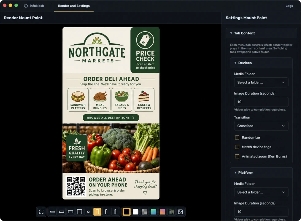 TelemetryOS Developer App showing an information-kiosk preview beside its application settings and aspect-ratio controls