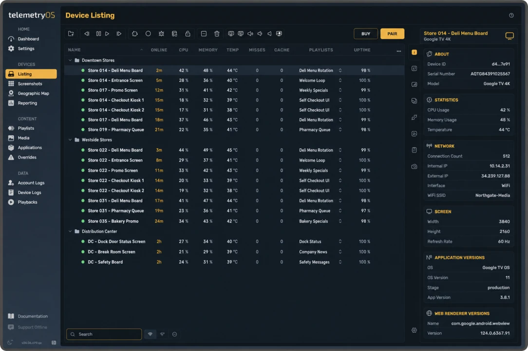 TelemetryOS Studio device list showing fleet health, uptime, resource usage, assigned playlists, and detailed device information
