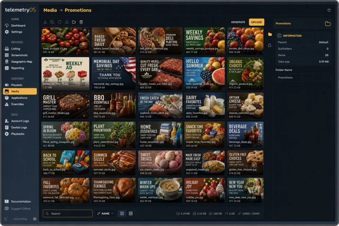 TelemetryOS Studio media library showing organized promotional images with upload and generation actions