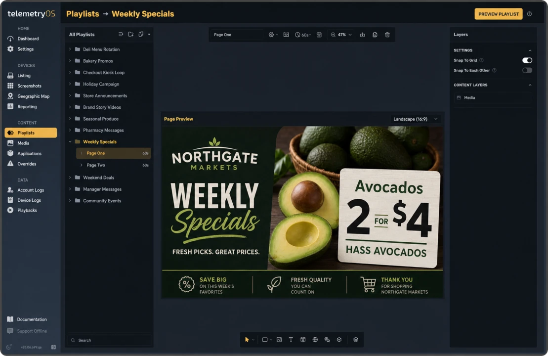 TelemetryOS Studio Page Layout Engine showing a playlist tree, screen canvas, editing toolbar, and layers panel